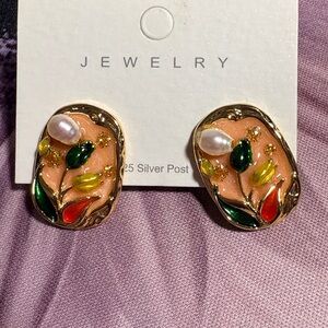 Floral Enamel Earrings with Pearl Accents
